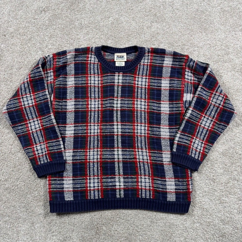 Northern Reflections Vintage Plaid Knit Sweater Navy Blue Red Mens Large